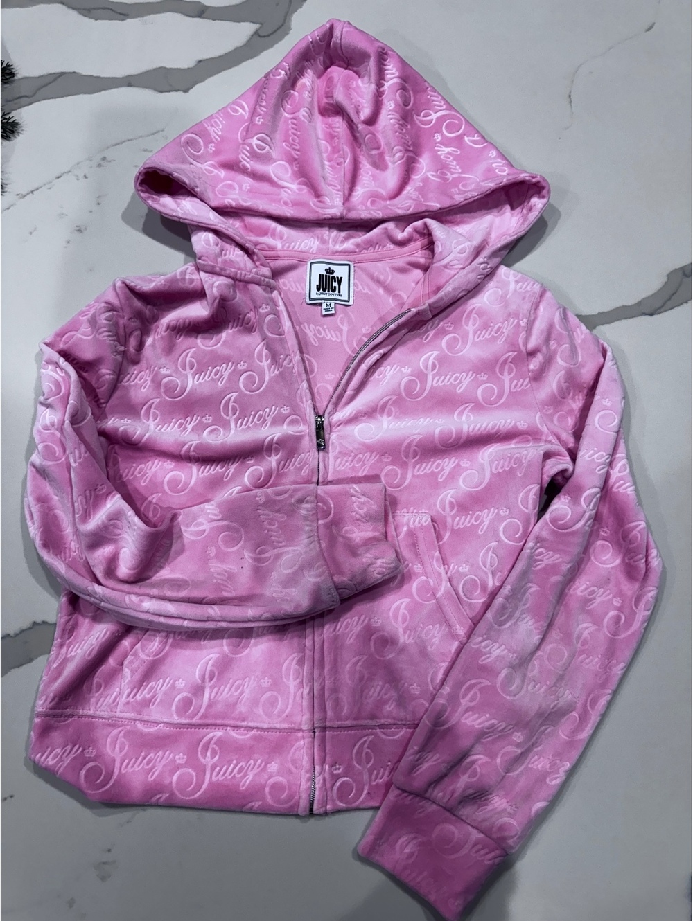 Juicy Couture Pink Velour Zip Up Hoodie Women's Medium All Over Logo Y2K